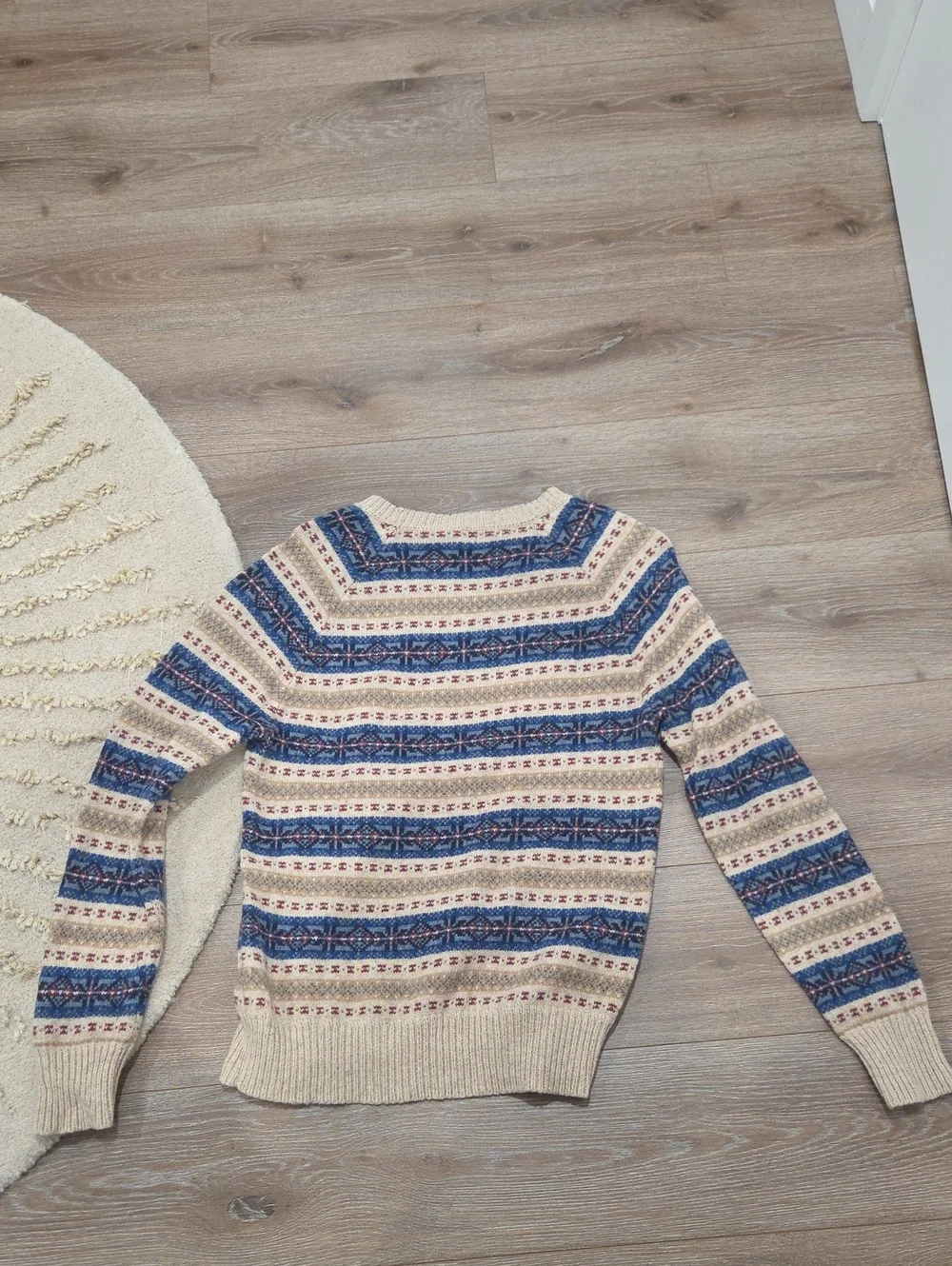 J. Crew Cream Crewneck Sweater with Blue Fair Isle Pattern